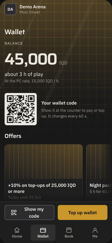 The guest phone app wallet screen: balance, a wallet QR code and current offers.