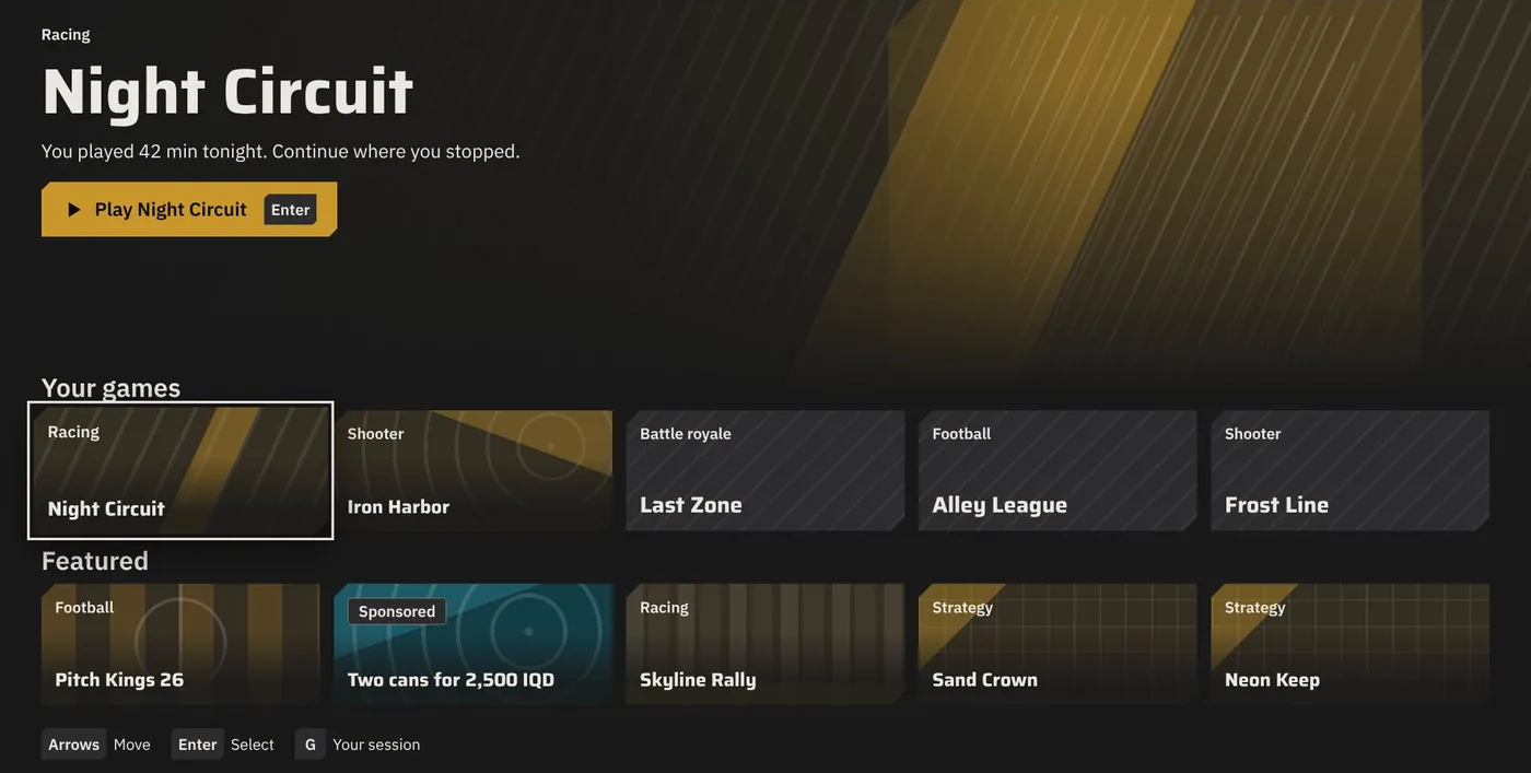 The home screen on a gaming PC seat: time left, wallet balance, a featured game and a row of installed games.